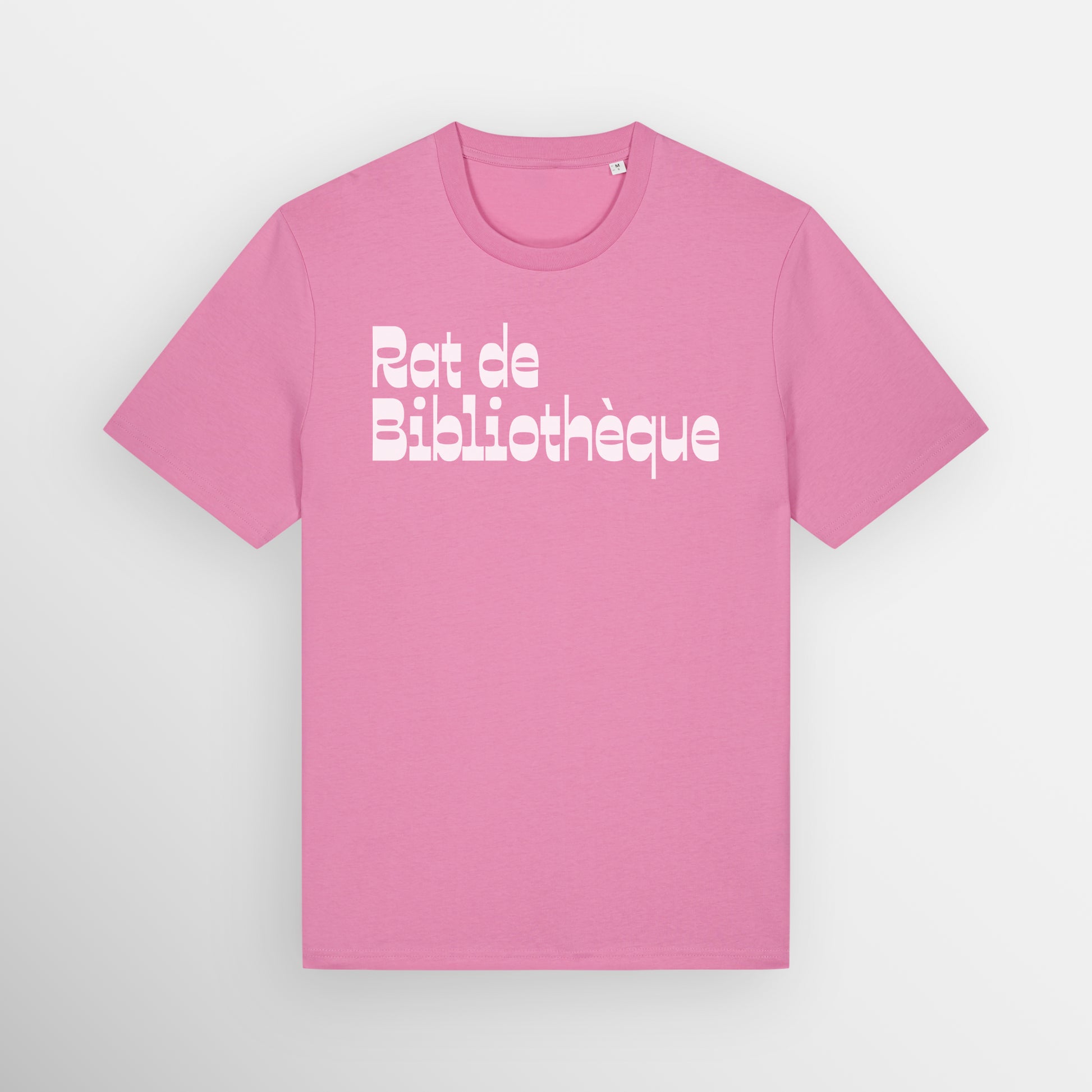 Bubblegum Pink coloured regular fit t-shirt with Rat de Bibliothèque written on the front in white, which is French for bookworm.