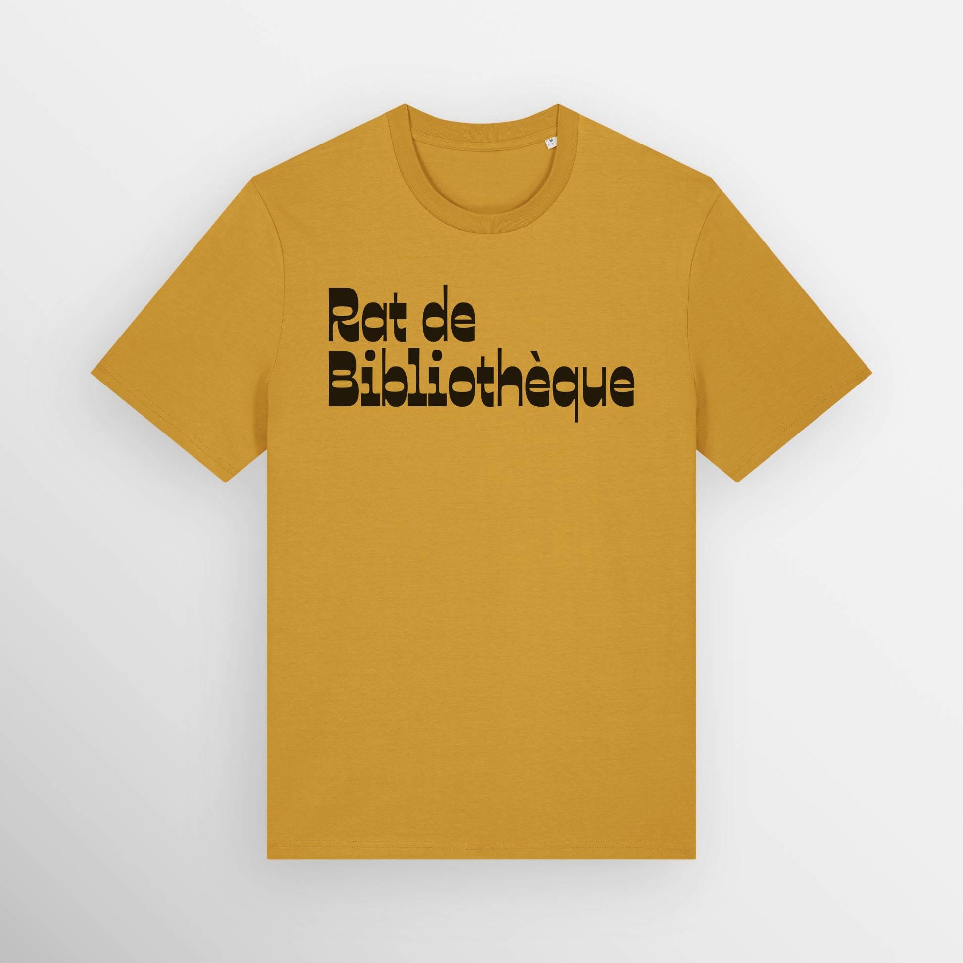 Ochre coloured regular fit t-shirt with Rat de Bibliothèque written on the front in black, which is French for bookworm.