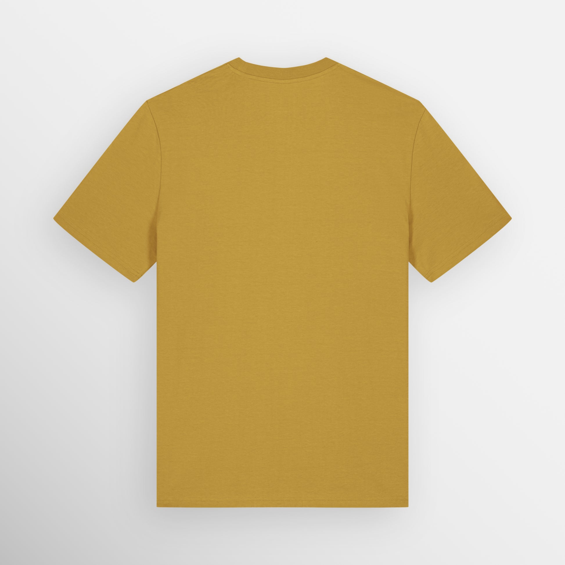 Image shows the plain back of the Ochre coloured regular fit t-shirt.
