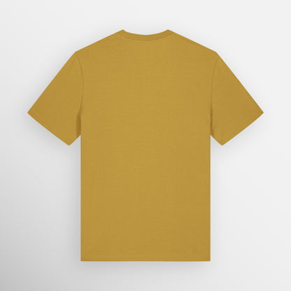 Image shows the plain back of the Ochre coloured regular fit t-shirt.