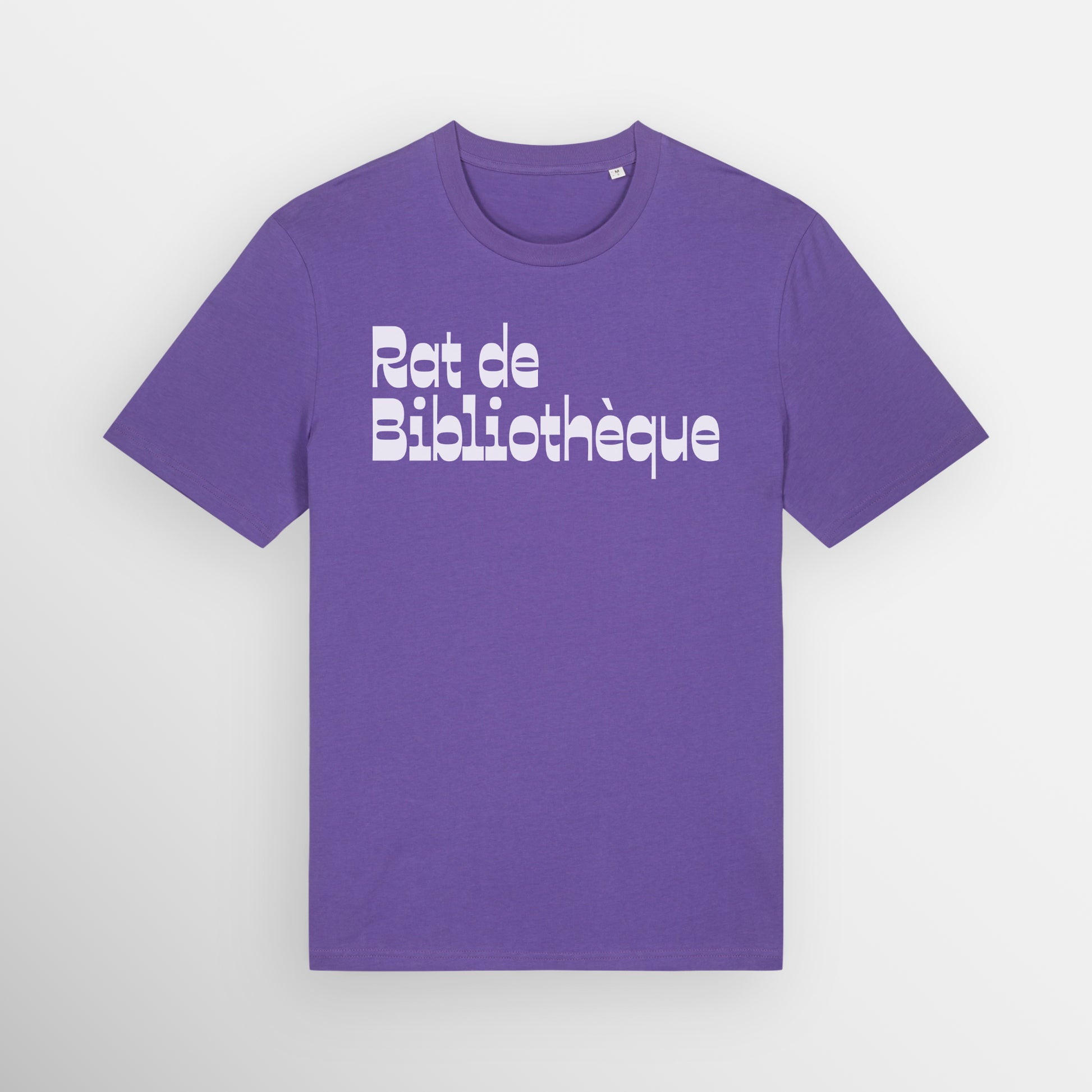 Purple coloured regular fit t-shirt with Rat de Bibliothèque written on the front in white, which is French for bookworm.