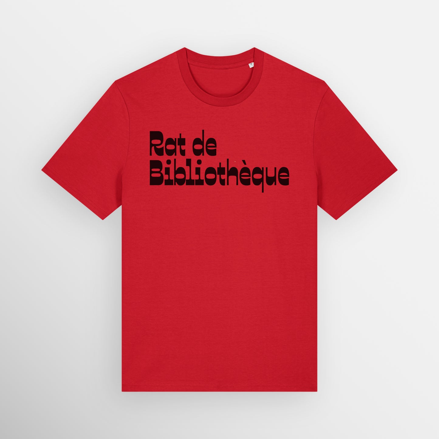Red coloured regular fit t-shirt with Rat de Bibliothèque written on the front in black, which is French for bookworm.