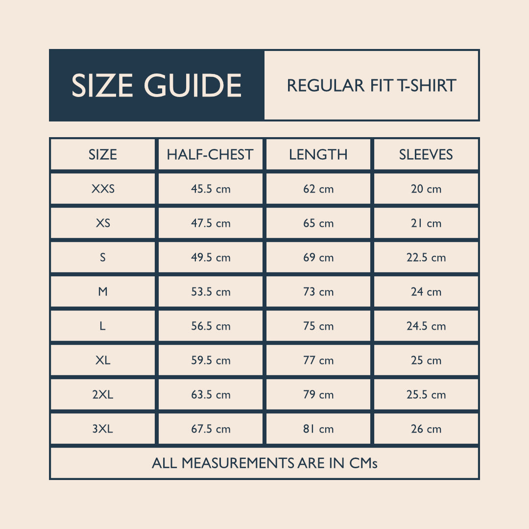 Image shows a detailed size guide for the regular fit t-shirt in centimetres.
