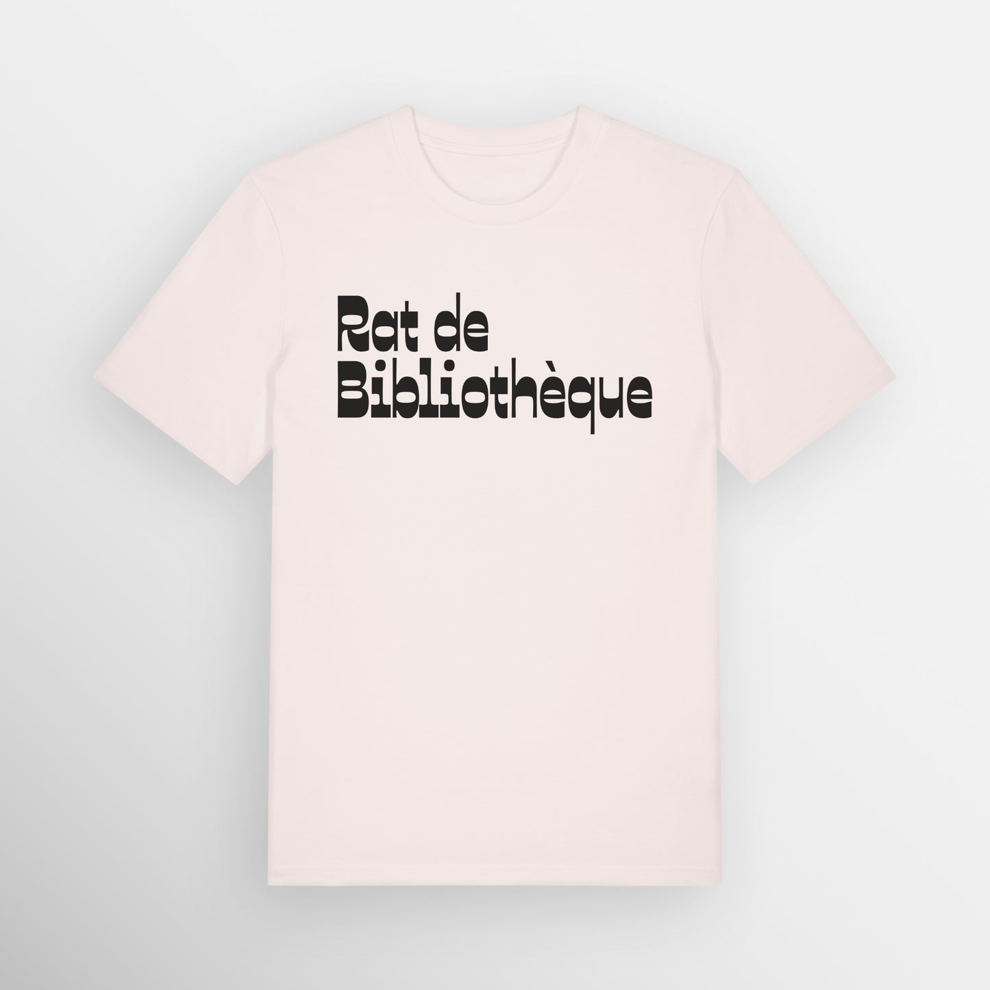 Vintage White coloured regular fit t-shirt with Rat de Bibliothèque written on the front in black, which is French for bookworm.
