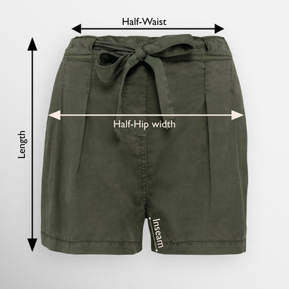 Size guide image for women's Tencel string bow shorts showing how to measure the half-waist size, the half-hip size, the inseam length, and the length of the shorts.