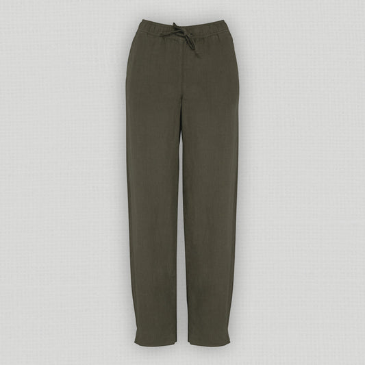 Front view of women's khaki coloured wide leg 100% linen trousers against a neutral background.