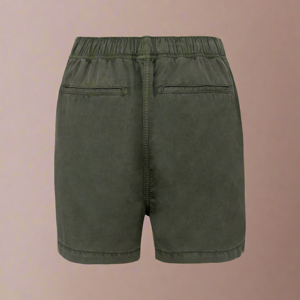 Back view of women's khaki Tencel string bow shorts against a neutral background.