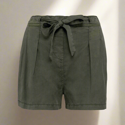 Front view of women's khaki Tencel string bow shorts against a neutral background.