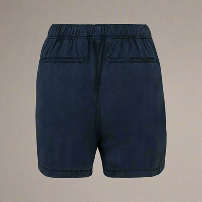 Back view of women's navy Tencel string bow shorts against a neutral background.