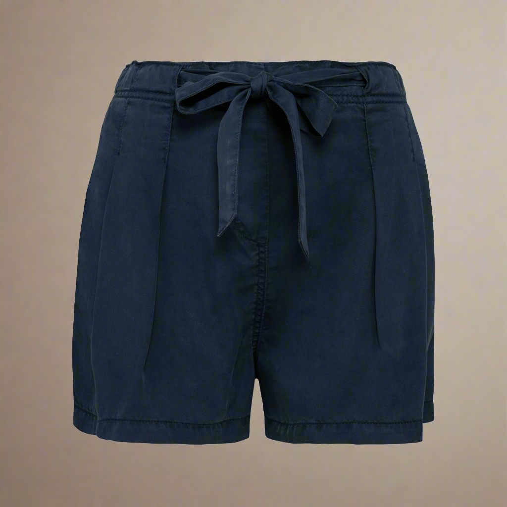 Front view of women's navy Tencel string bow shorts against a neutral background.